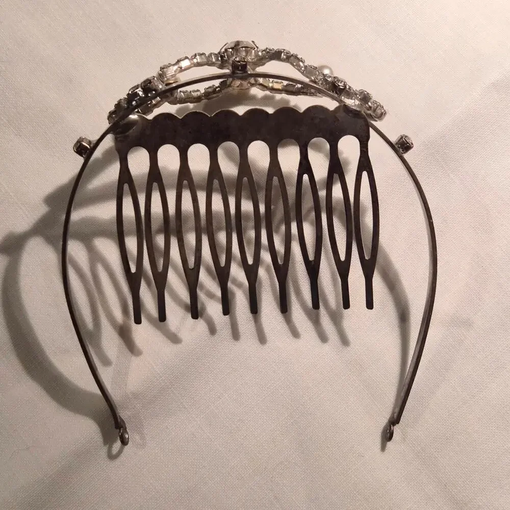 Vintage Y2K Rhinestone‎ Pearl Tiara Hair Comb Princess Fairycore Bridal Crown